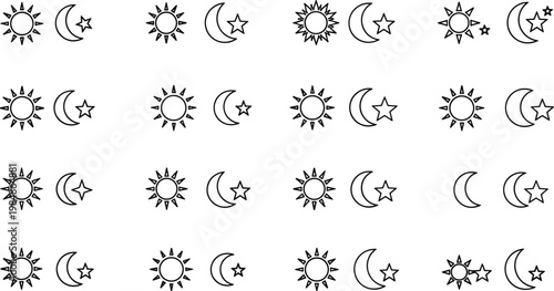 Large collection of sun and moon icons with stars in black outline style for weather forecasts day and night cycles and celestial themes.