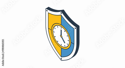 Isometric Shield with Clock Icon Representing Time Management, Protection, and Efficiency