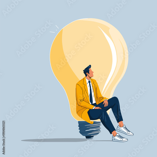 Businessman Sitting on Light Bulb Idea Concept Background