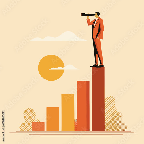 Businessman with telescope on growth bar chart for vision concept