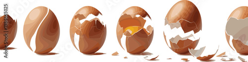 Set of cracked brown chicken eggs with shells and yolk in vector illustration style for cooking baking food recipes and eggshell concept designs.