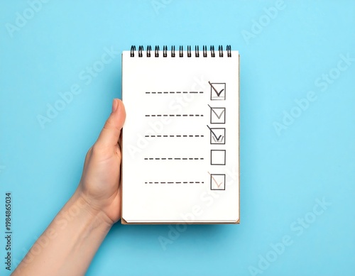 Hand holding a spiral notebook with a checklist. Most items are checked