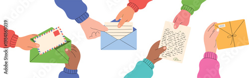 Diverse hands holding paper envelopes and letters set in flat cartoon style for mail communication and postal service vector landing page designs.
