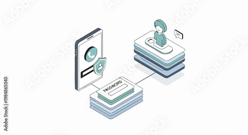Isometric Cyber Security and Data Protection Concept Illustration Featuring Mobile Password Authentication and Secure User Profile on White Background