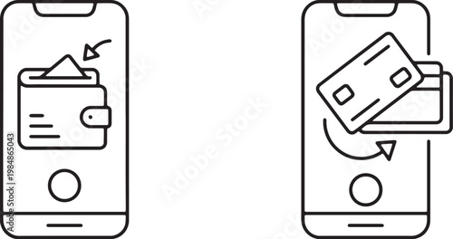 Art & Illustration, Mobile wallet phone icon with credit card for digital payment.