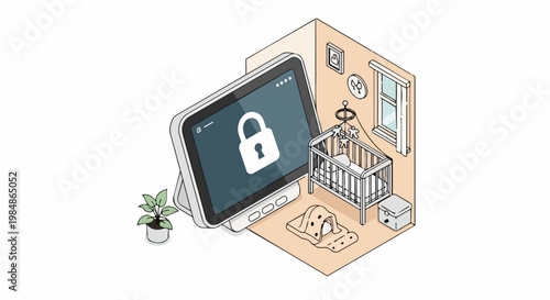 Smart Nursery Security and Privacy Concept: Digital Tablet with Lock Icon Monitoring a Baby Crib Isometric Illustration