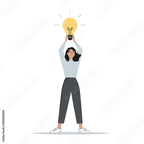 Woman holding glowing lightbulb over head for idea concept vector