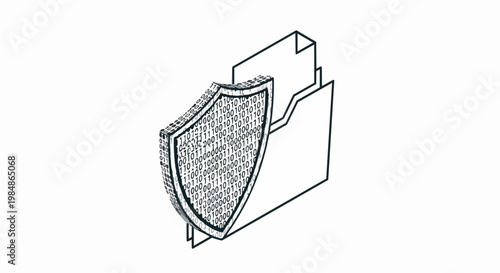 Isometric Data Security Icon Featuring a Shield with Binary Code Protecting a File Folder. Cybersecurity, Information Privacy, and Document Protection Concept.