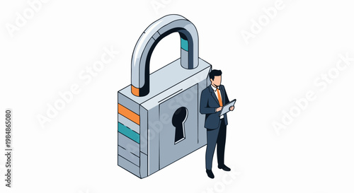 Cybersecurity and Data Protection Concept: Isometric Businessman with Large Padlock and Tablet