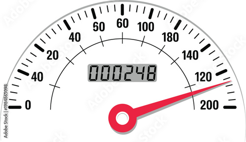 Photography Car speedometer vector illustration with red needle and digital odometer displaying high speed for automotive dashboard and transportation performance designs