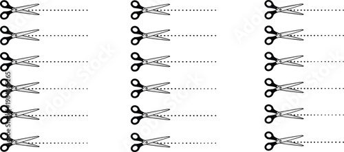 Set of black scissor icons with dotted cutting lines for promotional coupons vouchers and craft projects for commercial and educational use.