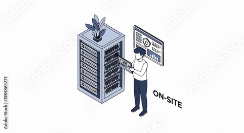 Isometric Illustration of On-Site IT Support Technician Managing Server Rack in Data Center