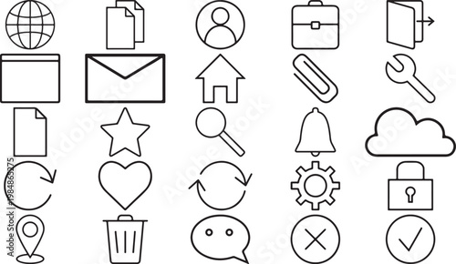 Collection of simple outline icons for web and app design including user profile settings and communication symbols isolated on white background
