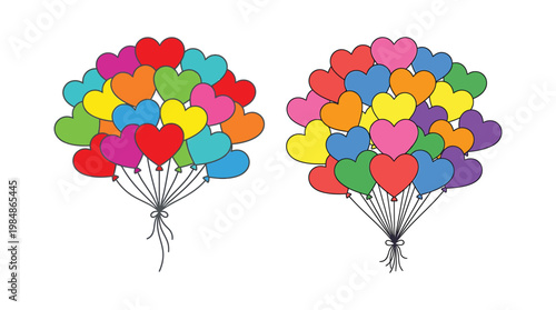 Colorful heart shaped balloons in bunches