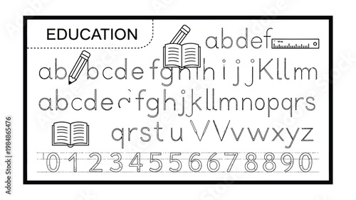 Alphabet and Number Worksheet: A black and white illustration of an educational worksheet, designed to teach the alphabet and numbers with a minimalist aesthetic.