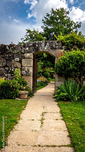 Stone gate opens into garden path under sky of textured clouds
