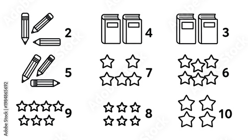 Counting objects in a row: Educational visual aids showing different objects with corresponding numbers for learning and counting exercises. 