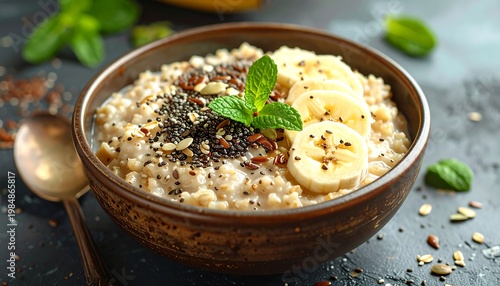 Oatmeal in a brown bowl, topped with banana, seeds and mint. Close-up shot