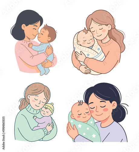 Vector illustrations of mothers holding and cuddling their newborn babies in various colorful outfits and poses