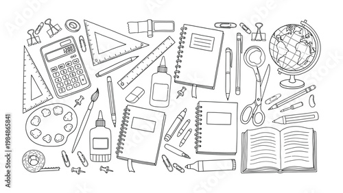 Educational stationery set: A comprehensive collection of essential educational tools, meticulously arranged, representing the core elements of learning and creativity.
