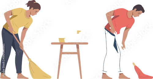 Couple cleaning house together with broom and mop flat vector illustration of daily chores and domestic life.