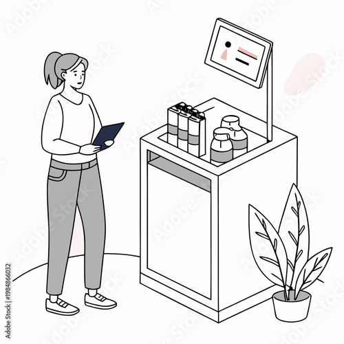 Woman standing next to a retail display vending machine
