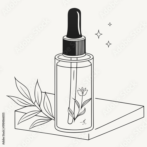 A glass dropper bottle with a plant inside