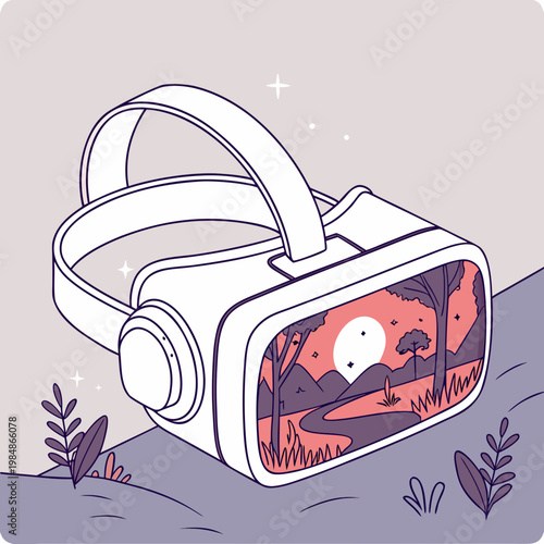 A vr headset on a hill with plants and a red planet in the screen