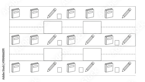 Educational Elements Pattern: A neatly arranged pattern of essential school supplies like notebook and pencil, laid out in an inviting array, perfect for educational themes. 