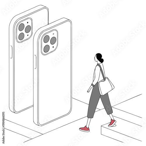 Woman walking past large smartphones
