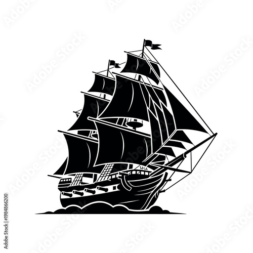 Billede på lærred Black Silhouette of a Majestic Tall Ship Sailing on the Ocean.