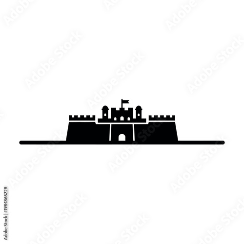 Black Silhouette of a Medieval Castle Fortress Icon.