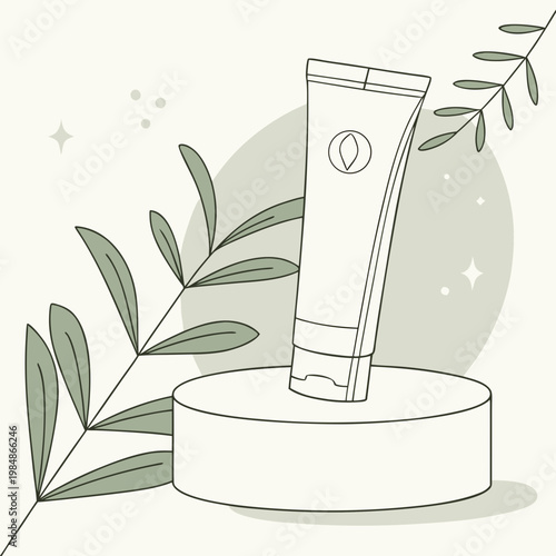 A tube of cream on a white pedestal with green leaves