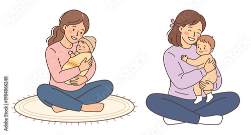 Two cartoon mothers holding their babies in a sitting position