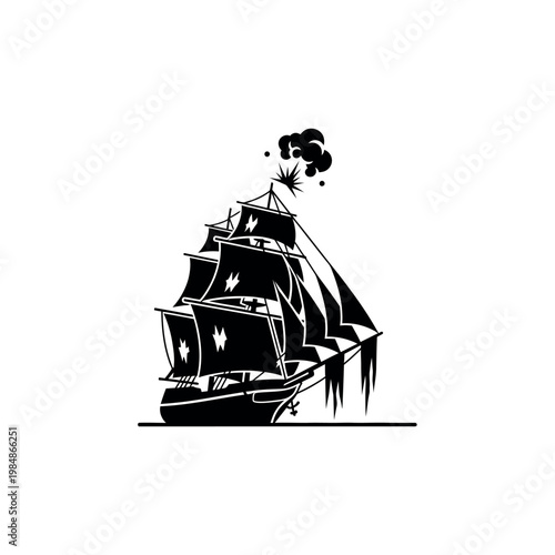 Black Silhouette of a Tall Ship Sailing on the Sea.
