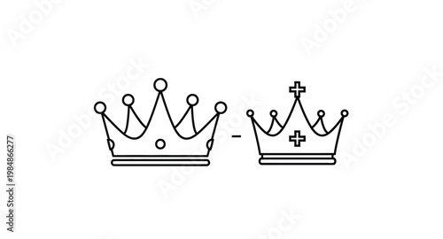 Two ornate crowns in a linear style on transparent background silhouette