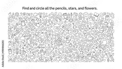 Hidden Objects Puzzle: Engage in a fun visual challenge, discovering and encircling various pencils, stars, and flowers amid a sea of other illustrations.
