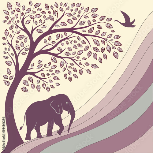 An elephant standing under a tree on a hillside
