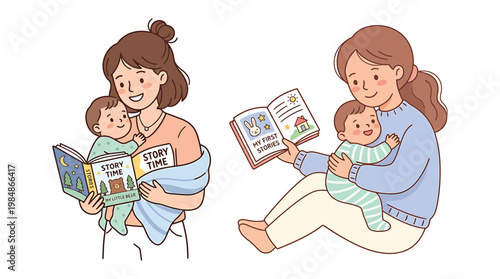 Two cartoon mothers reading story time books to their happy babies