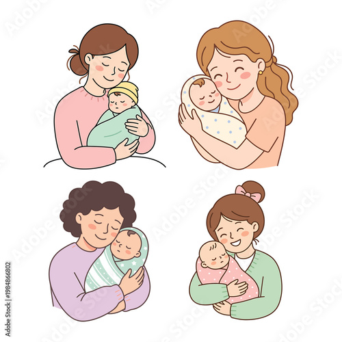 A set of illustrations showing mothers holding and cuddling their newborn babies in a cute and loving manner