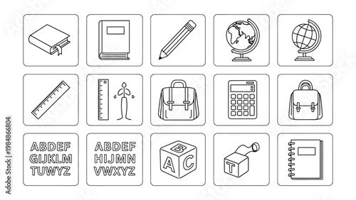 Educational Assortment: A collection of educational essentials, perfectly outlined for learning and exploration. Each item represents a key element in the world of education.