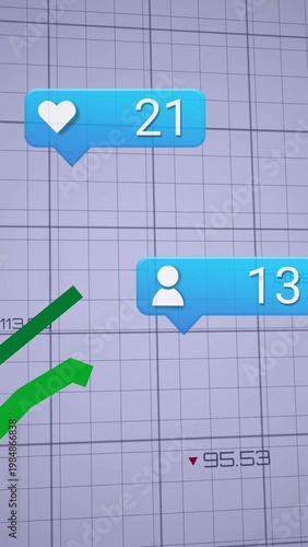 Vertical video: Blue bubble appearing, heart and user tags tracking green line showing data growth
