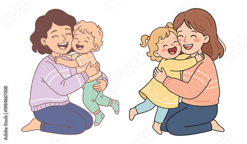 Two women are kneeling and hugging a baby and a little girl