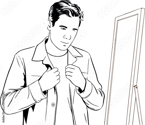 Man checking his shirt in mirror getting ready looking handsome and stylish.