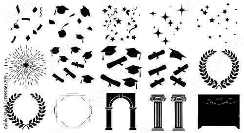 Academic Achievement Elements: Graduation Caps, Diplomas, Confetti, and Ornaments for Celebrating Educational Success and Special graduation day Events