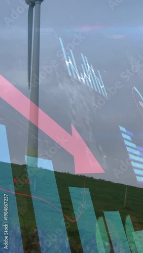 Vertical video: Overlay appearing turbine turning bars falling down arrow during pan showing drop