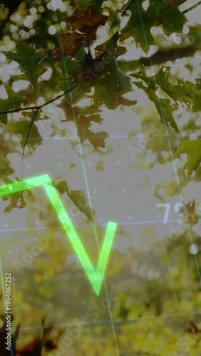 Vertical video: Sun sparking grid, neon graph drawing across moving oak leaves showing data