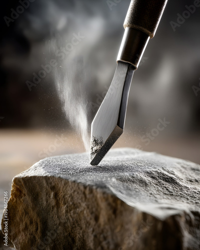 Stone Sculpting Precision: A close-up view captures the artistry of stone sculpting, a steel chisel delicately chipping away at a granite block, releasing a cloud of fine dust particles.