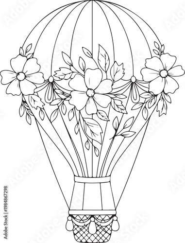 Floral hot air balloon vector illustration on white background