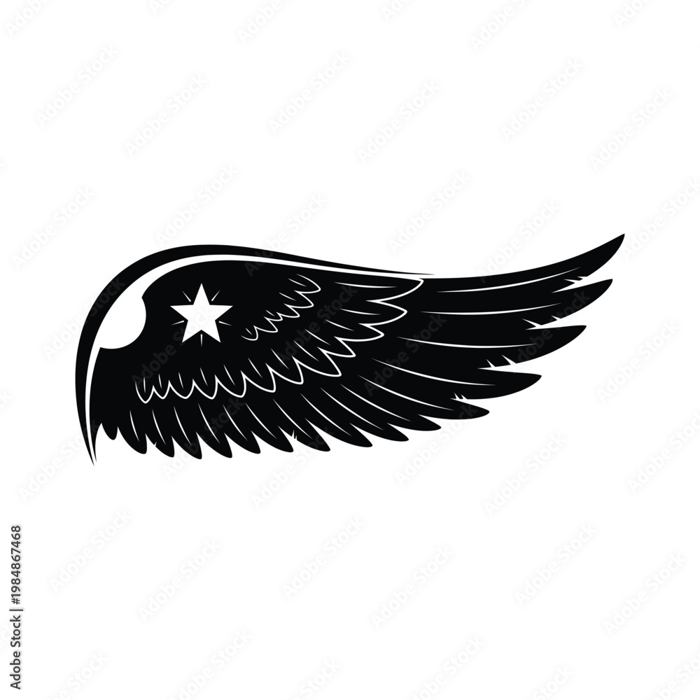 Obraz premium Black eagle wing with star symbol on white background